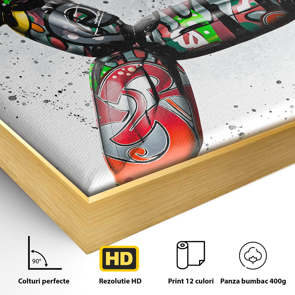 Detaliu al suprafetei: tablou canvas caine din baloane stil grafitti, in rama de aluminiu auriu